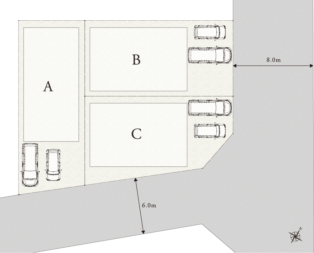 区画図　全区画敷地面積165㎡OVER 有効利用面積121㎡以上